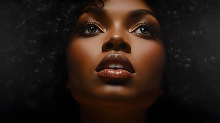 Dramatic beauty portrait featuring a woman with luminous deep skin, glossy dark lips, and reflective highlights, captured in rich cinematic lighting to create an intense modern aesthetic ideal for mak