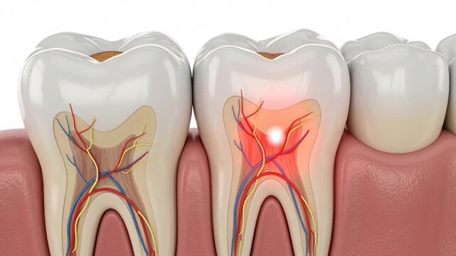 3D medical illustration of tooth anatomy showing a healthy molar and one with painful pulp inflammation