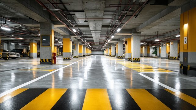 Empty parking garage with yellow stripes. Artificial intelligence image