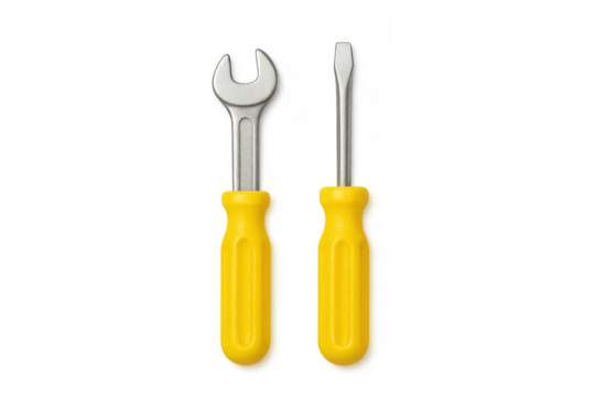 Wrench and flathead screwdriver displaying repair, maintenance, and construction concepts with yellow plastic handles