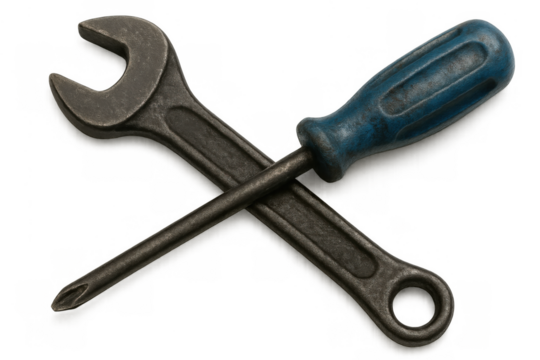 Wrench and screwdriver crossing, displaying repair tools for maintenance, construction, and handyman services