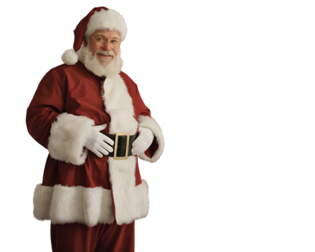 Jolly Santa Claus in his iconic red suit, white beard, and glasses, smiling cheerfully on a black background, perfect for Christmas holiday promotions & festive banners. - Powered by Adobe