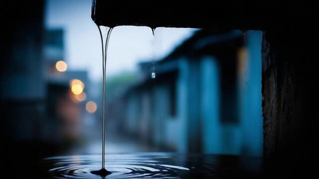 Rainwater dripping from a gutter in the evening.