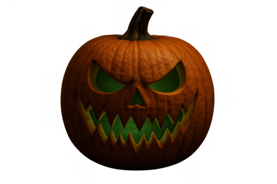 Carved halloween pumpkin lantern with glowing evil green eyes and toothy smile on transparent background