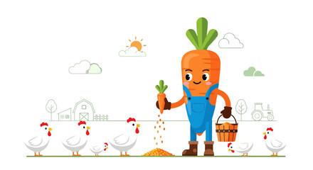 Fototapeta premium A Friendly Carrot Farmer Tends His Chicken Flock In A Charming Rural Scene