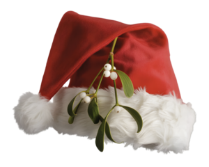 Classic Santa hat with festive mistletoe sprig on a black background. Perfect for holiday marketing, Christmas greeting cards, or winter celebration designs.