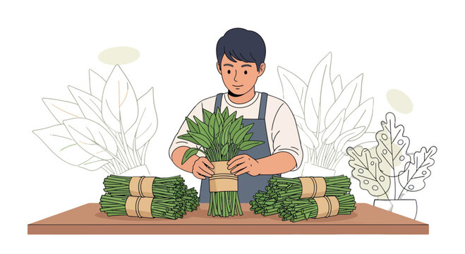 A Person Organizing Green Bunches Inside A Workshop Or A Plant Store