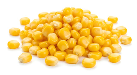 A pile of bright yellow corn kernels, some scattered, on a white surface.