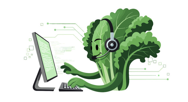 A Green Cabbage Character Wearing Headphones Working On A Computer Coding