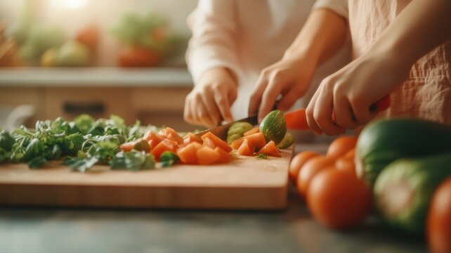 Hands chopping fresh vibrant vegetables on cutting board in bright kitchen, featuring tomatoes and green cucumbers for healthy meal preparation.
