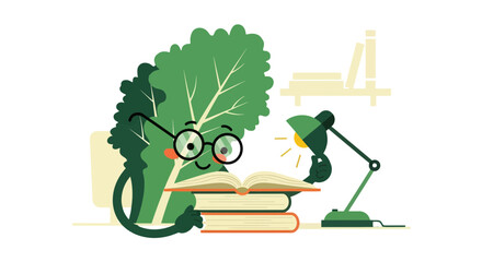 A Leafy Character Enjoys Reading Books Under Lamp Light in a Dark Room Scenario