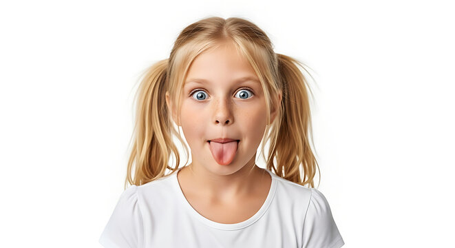 A young girl with blonde pigtails sticking her tongue out, making a playful expression.