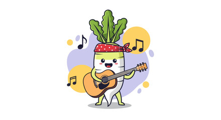 A Musical Radish Character Playing Guitar, Enjoying Harmonious Melodies on a Dark Backdrop