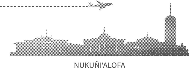 Fototapeta premium Airplane flying over Nukualofa skyline silhouette with dashed line