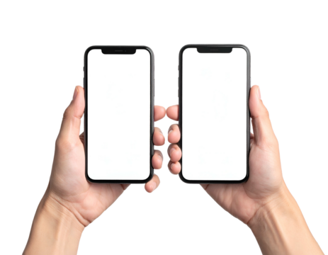 Two hands holding blank screen mobile phones