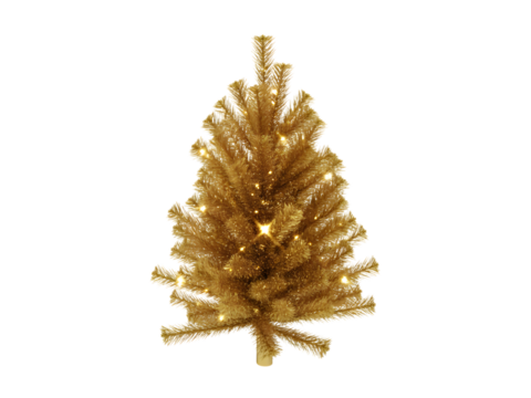Luxurious golden Christmas tree with sparkling fairy lights, isolated on black. Perfect for festive holiday designs, seasonal celebrations, and elegant winter promotions. A glittering symbol of joy