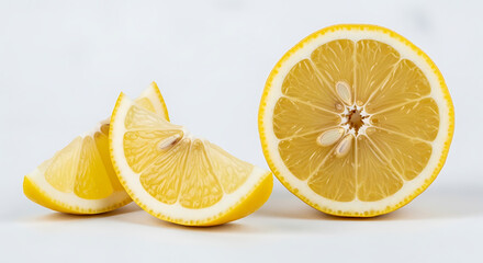 Close-up of sliced lemon with two wedges on a white background.