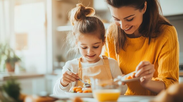 Mother and daughter joyfully share healthy meal in their bright home kitchen, reflecting loving family bond and positive lifestyle. - Powered by Adobe
