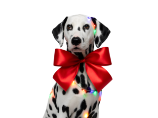 Festive Dalmatian dog adorned with a bright red bow and colorful Christmas lights, isolated on black. Perfect holiday pet portrait, gift, greeting card, or New Year celebration design element.