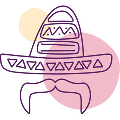 Line art illustration of a sombrero and mustache with soft pastel circles in the background suitable for Cinco de Mayo celebrations and Mexican cultural themes