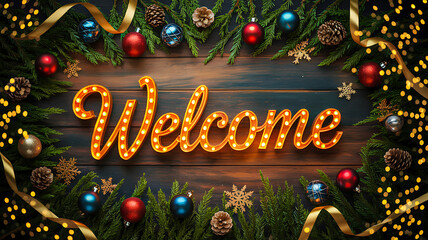 Holiday welcome sign in marquee lights surrounded by pine branches, ornaments, ribbons, and golden lights on wood background