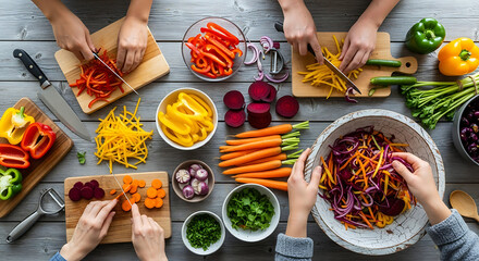 Hands prepare fresh vegetables on wooden boards, slicing peppers, carrots, and beets for a colorful salad.