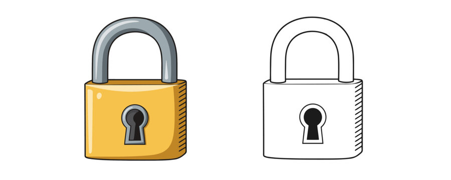 Cartoon vector illustration of a shiny yellow and black line art padlock icon with a metallic shackle