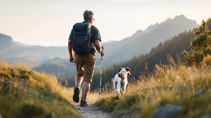 Active senior man hiking with faithful dog on mountain path during golden sunset enjoying healthy retirement lifestyle and outdoor adventure with backpack and trekking poles in nature.