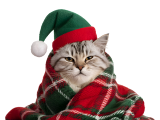 Adorable Christmas cat wearing an elf hat and wrapped in a cozy red and green plaid blanket, perfect for holiday greetings and festive pet-themed designs. Isolated on black, ideal for banners and c