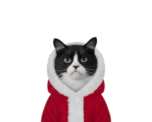 Adorable tuxedo cat dressed in a festive red and white Santa Claus costume, looking directly at the camera with a curious expression. Perfect for holiday pet promotions and Merry Christmas greeting
