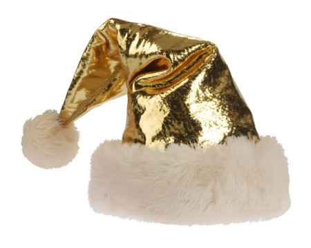 Sparkling golden Santa hat with fluffy cream trim and pompom, isolated on black. Perfect festive accessory for Christmas celebrations, holiday designs, seasonal marketing, and winter events. Add a 