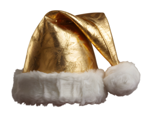 Luxurious golden Santa hat with plush white fur trim and festive pompom, isolated on black. Ideal Christmas accessory for holiday decor, seasonal designs, and elegant December celebrations.