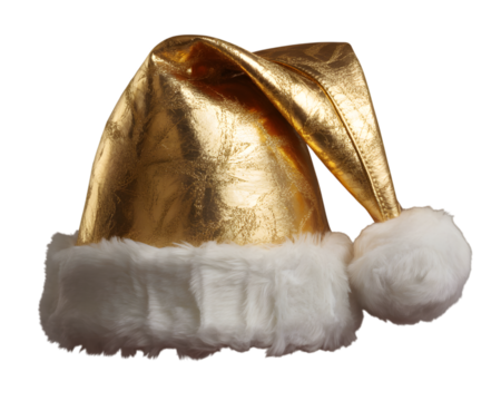 Luxurious golden Santa hat with plush white fur trim and festive pompom, isolated on black. Ideal Christmas accessory for holiday decor, seasonal designs, and elegant December celebrations.