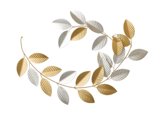 Elegant gold and silver metallic leaves branch decoration on black, perfect for luxurious Christmas festive banners, holiday designs, and sophisticated event invitations. Seasonal decor.