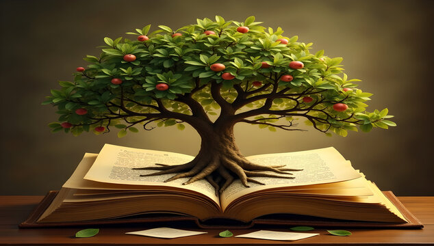 A leafy tree with red fruit whose roots and trunk grow from an open, old book