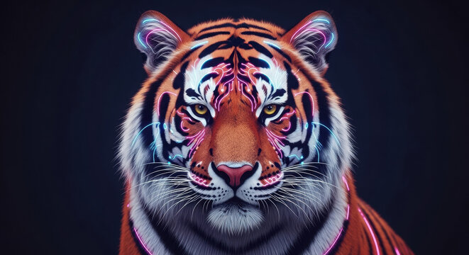 Striking Neon Tiger Portrait with Vibrant Pink and Blue Stripes, Majestic Wild Feline with Intense Gaze on Dark Background