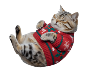 Adorable sleeping cat in a festive red Christmas sweater, featuring holly and snowflake designs. Perfect cozy holiday pet for seasonal greetings, winter campaigns, or cute animal themes. Isolated o