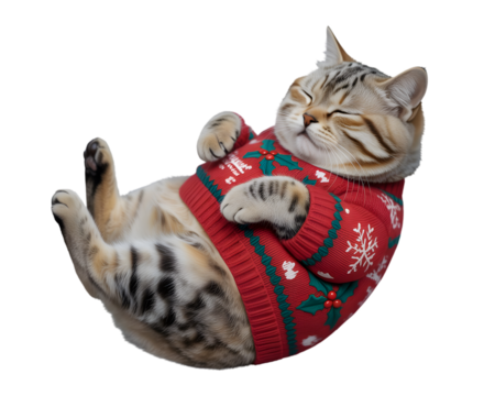 Adorable sleeping cat in a festive red Christmas sweater, featuring holly and snowflake designs. Perfect cozy holiday pet for seasonal greetings, winter campaigns, or cute animal themes. Isolated o