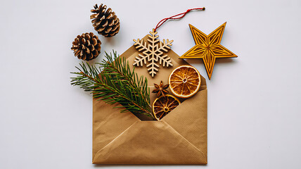 Brown envelope filled with pine sprigs and dried orange slices, surrounded by pinecones, ornaments, and snowflake decor