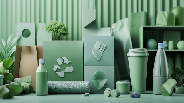 Assortment of ecofriendly packaging and recycling symbols in green