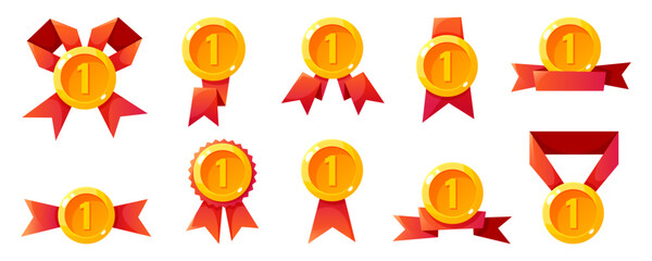 A collection of gold medals and ribbons in various designs. Each medal features a number one, symbolizing achievement and victory.