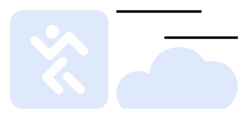 Abstract running figure next to a cloud, conveying speed, technology, and connectivity. Ideal for cloud computing, data transfer, efficiency, digital workflows, innovation mobility simple flat
