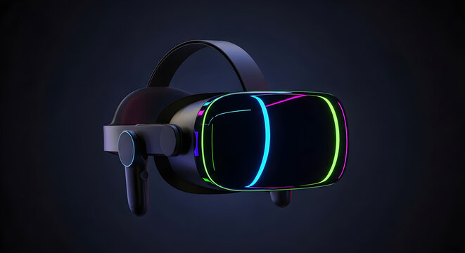Virtual reality headset with neon lights on a dark background for immersive gaming