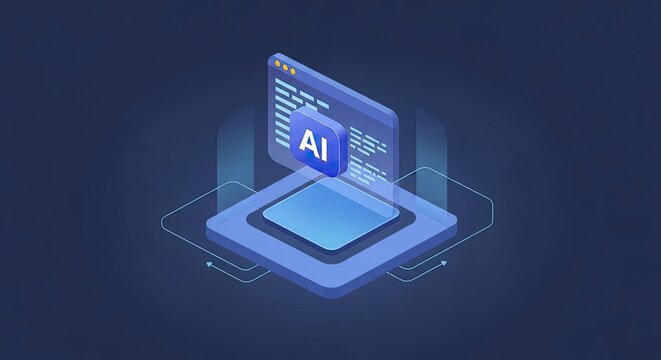 Perspective view of 3D AI software developer assistant icon with code screen