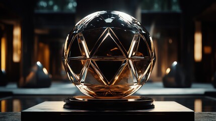 Ornate crystal sphere in dark interior setting. Possible use Stock photo for design or architecture