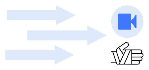 Arrows pointing towards video icon and approval hand gesture. Ideal for teamwork, communication, video sharing, workflow, approval processes, collaboration, creative projects. Simple flat metaphor