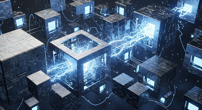 Abstract technology network with glowing lightning connecting futuristic cubes