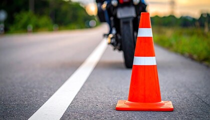 Motorbike and cone on road.