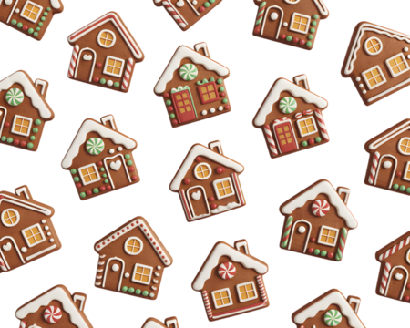 Delightful seamless pattern of 3D gingerbread houses, beautifully decorated with festive white icing & colorful candies on a dark background. Ideal for Christmas, holiday promotions, sweet treat de - Powered by Adobe