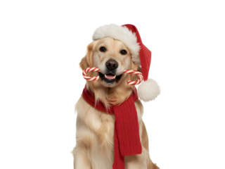 Festive golden retriever dog in Santa hat and red scarf, happily holding a candy cane. Ideal for Christmas, holiday promotions, pet-themed celebrations, and seasonal greeting cards and banners.